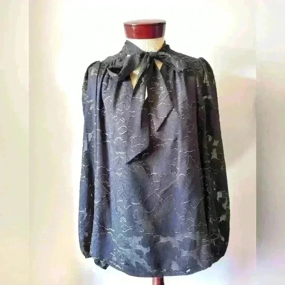 Maison d'Amelie black blouse  with neck tie and gold flowers. Size medium